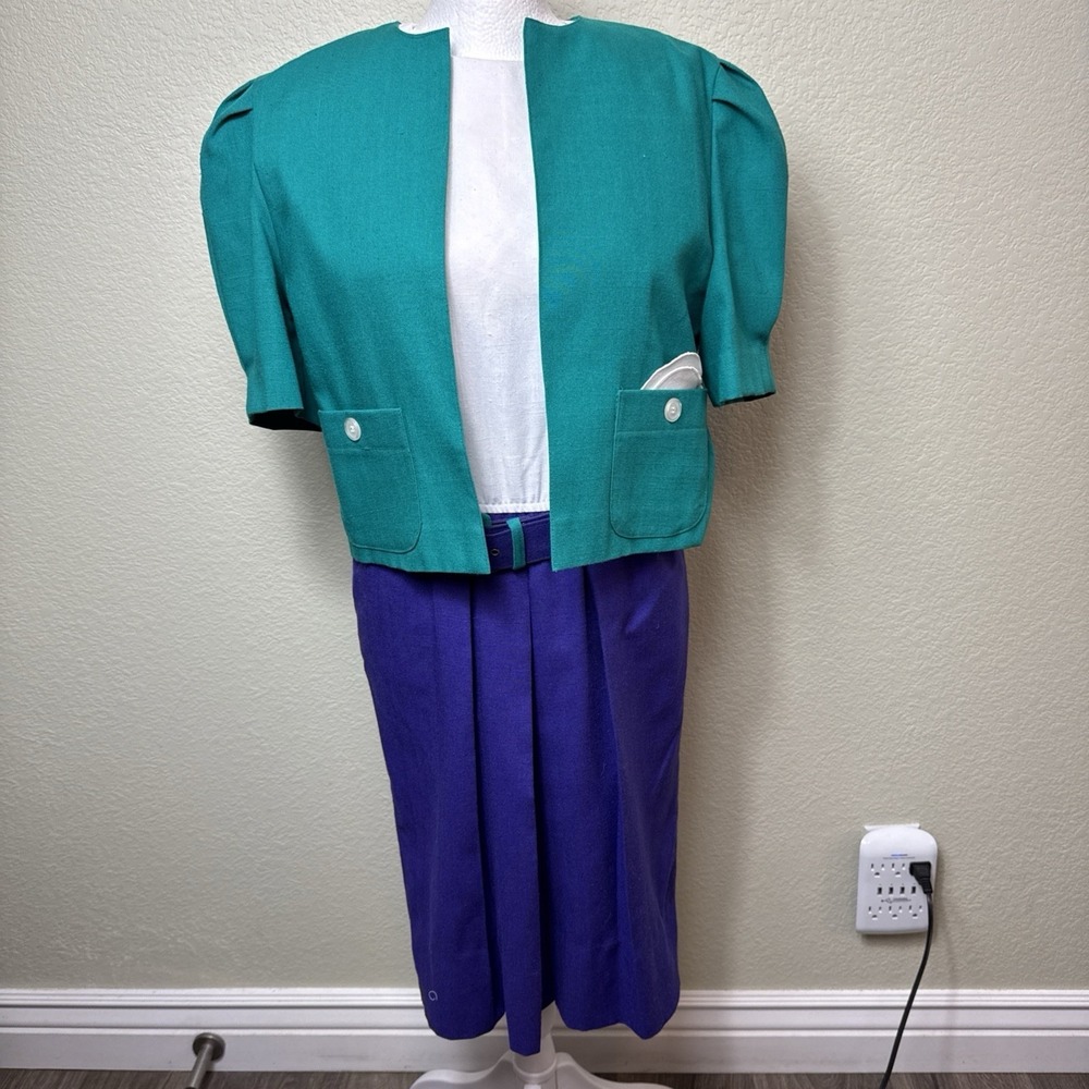 Vintage 80s Leslie Fay Colorblock Dress Set Teal Jacket Purple Pleated Skirt 8P‎